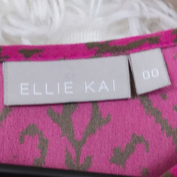 Ellie Kai Pure Silk Peasant Blouse Pink Brown Ikat 3/4 Sleeve Womens 00 XXS - Picture 6 of 7